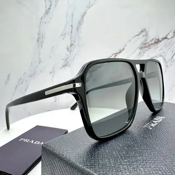 NEW PRADA Sunglasses Black Aviator Pilot 55-17mm Grey Lens Silver Logo